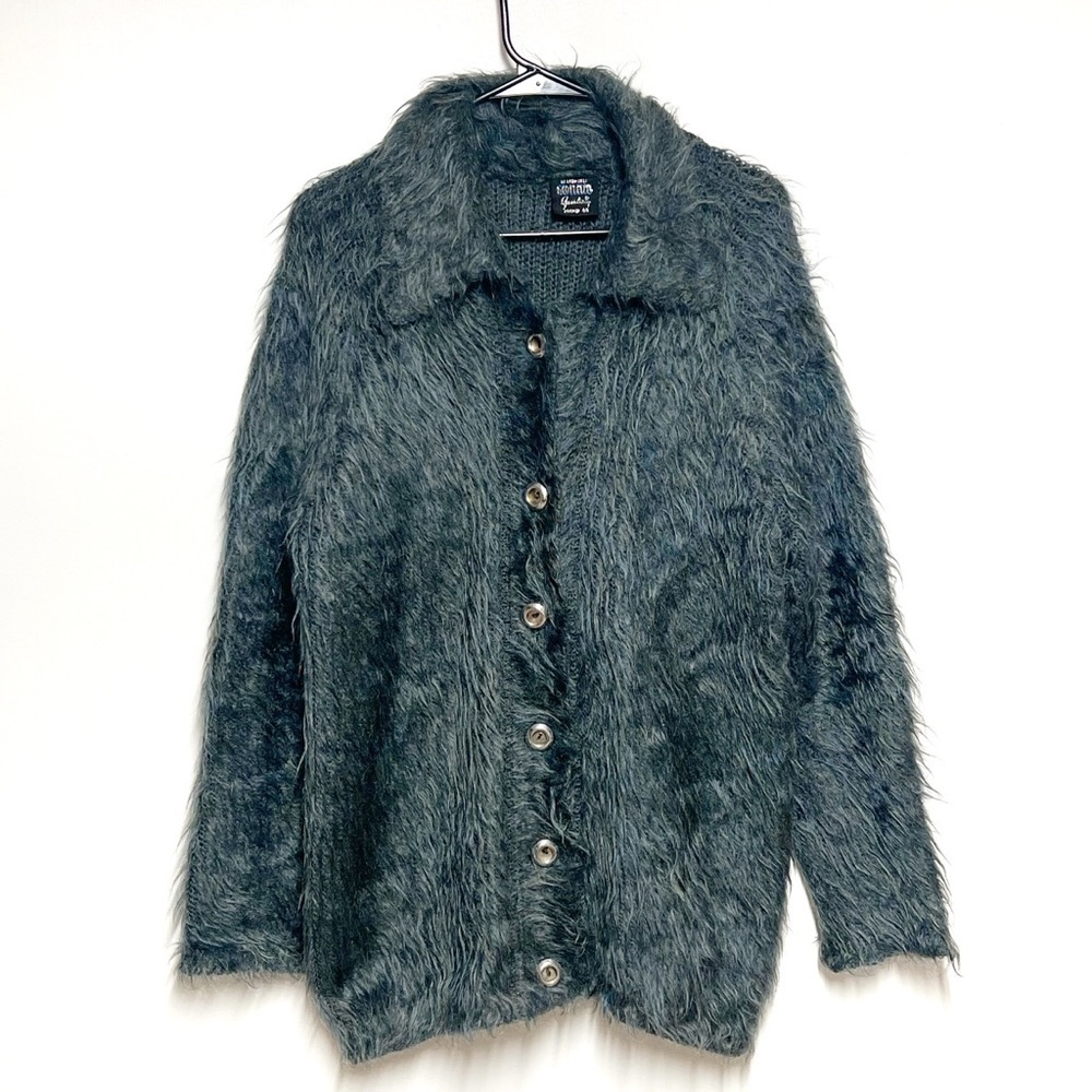 Rare 80’s Teal Button front Collared Mid Length 100% Mohair Cardigan Womens Sz L